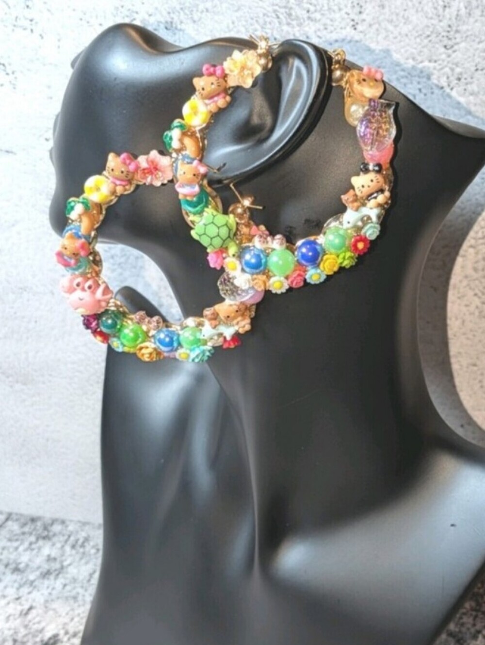 Hand CRAFTED Colorful Beaded Cartoon Charm Hoop Earrings